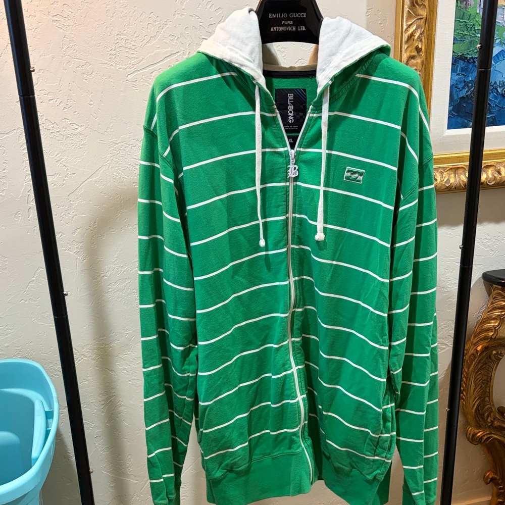 Billabong Green and White Striped Zip-Up Hoodie XL